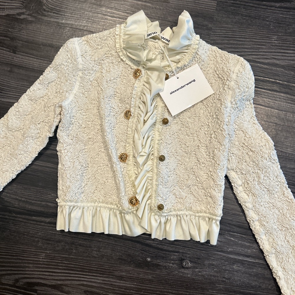 White Textured Jacket with Ruffle Details